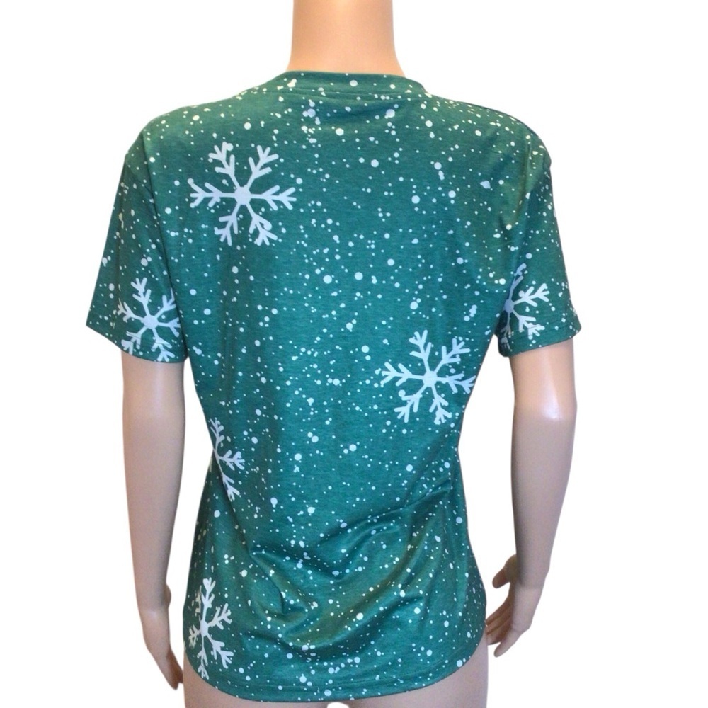 NWOT Christmas Graphic T-Shirt Green Snowflake Rudolph Frosty Santa Jesus Size M - Picture 3 of 8